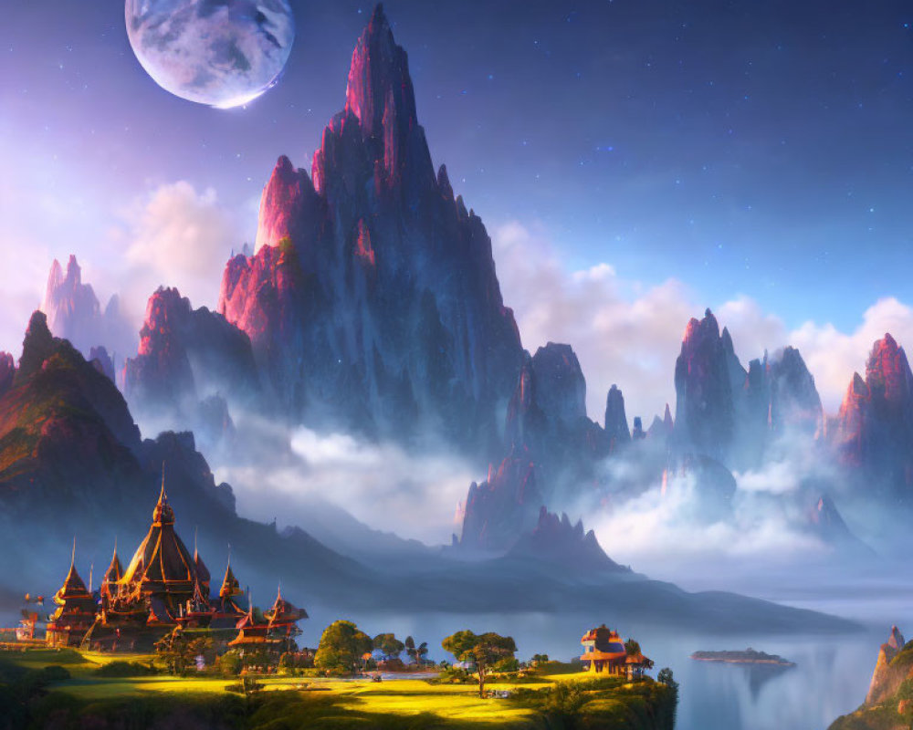 Ethereal Twilight Landscape with Moon, Castles, Peaks, and Lake