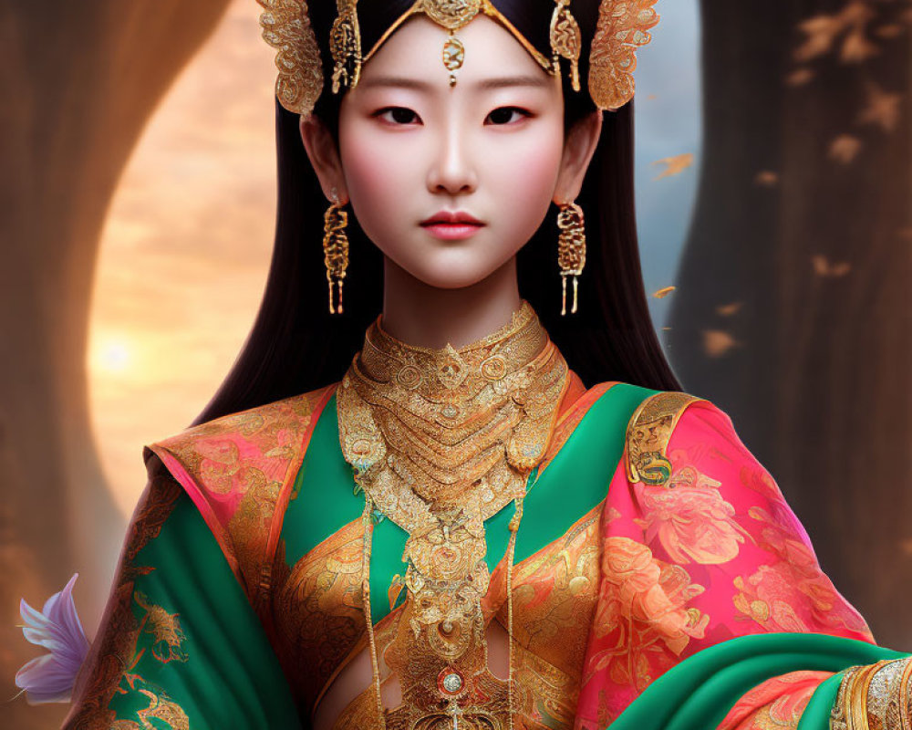 Digital artwork of woman in traditional Asian royal attire with gold jewelry, headpiece, and vibrant robe.