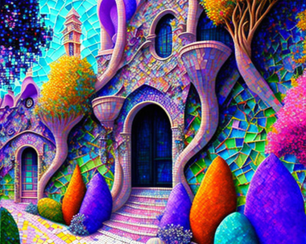 Colorful Fantasy Illustration of Whimsical House and Autumnal Trees