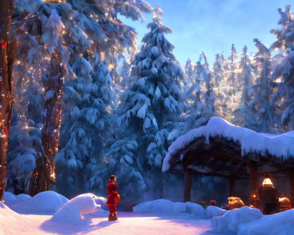 Snow-covered trees, figure in red outfit, and wooden shelter in wintry sunrise or sunset.