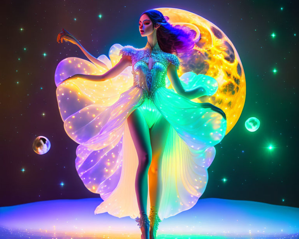 Glowing woman in shimmering costume with staff against vibrant moon and stars
