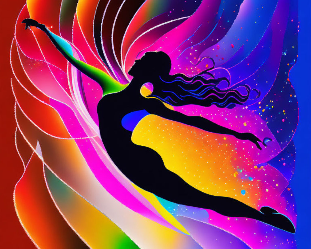 Silhouette of dancer on vibrant, multicolored background