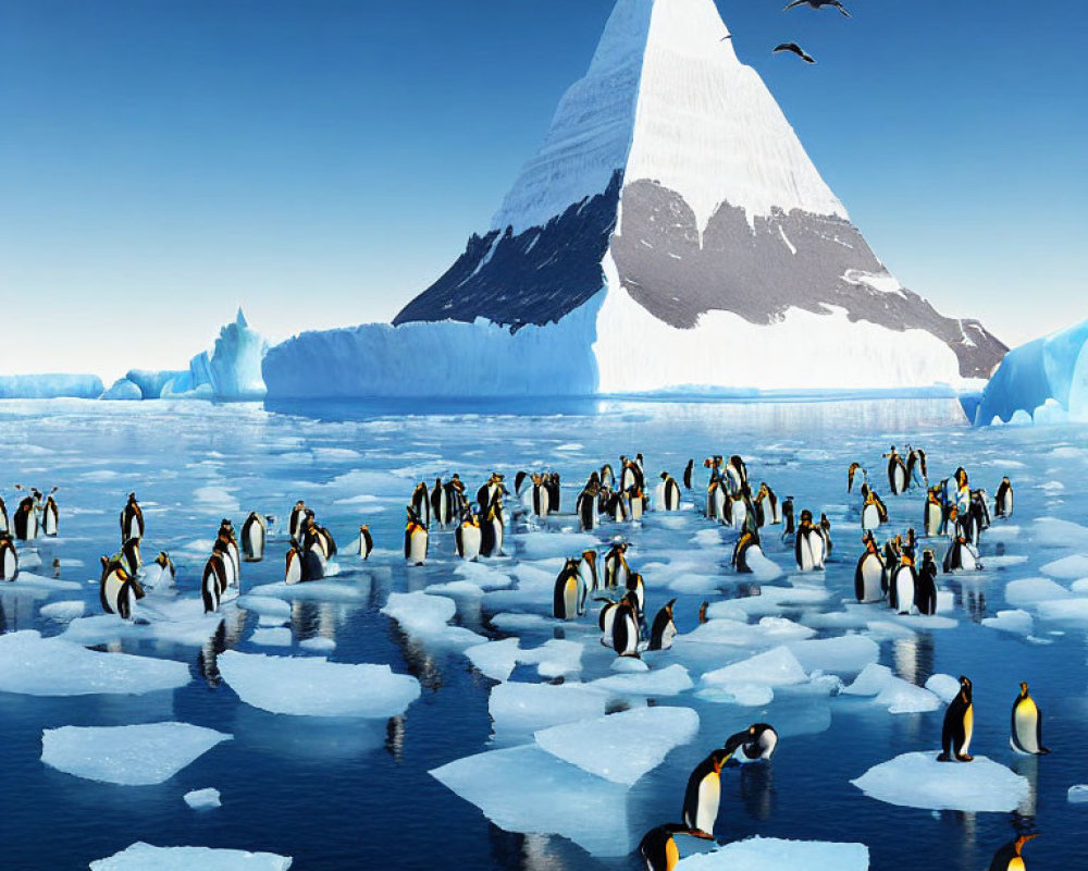 Penguins on Ice Floes with Iceberg and Blue Ocean