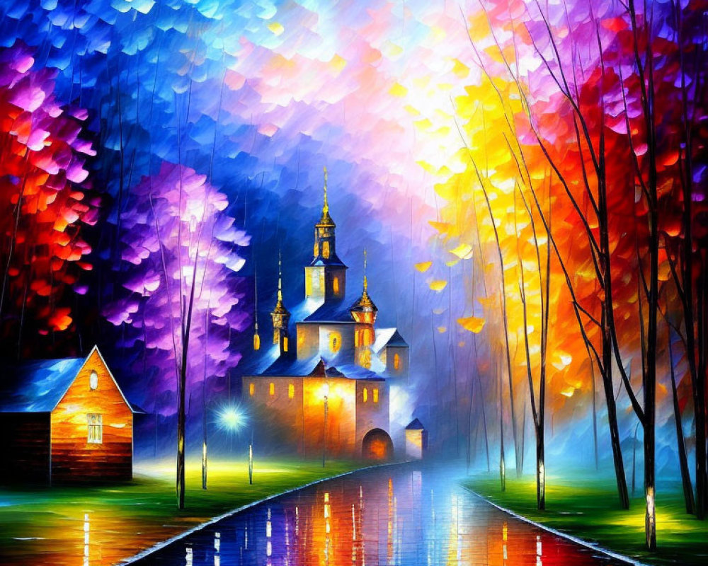 Impressionistic painting of church, house, and colorful trees at dusk