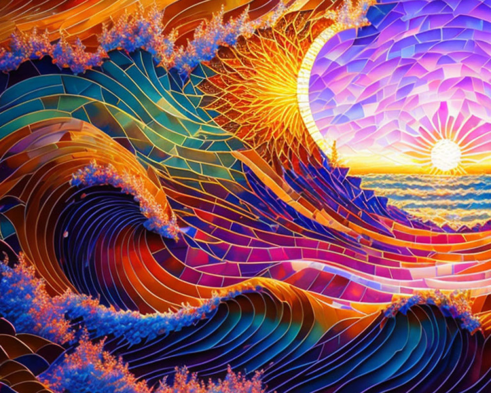 Colorful digital artwork: swirling waves in fiery and cool hues with a radiant sun.