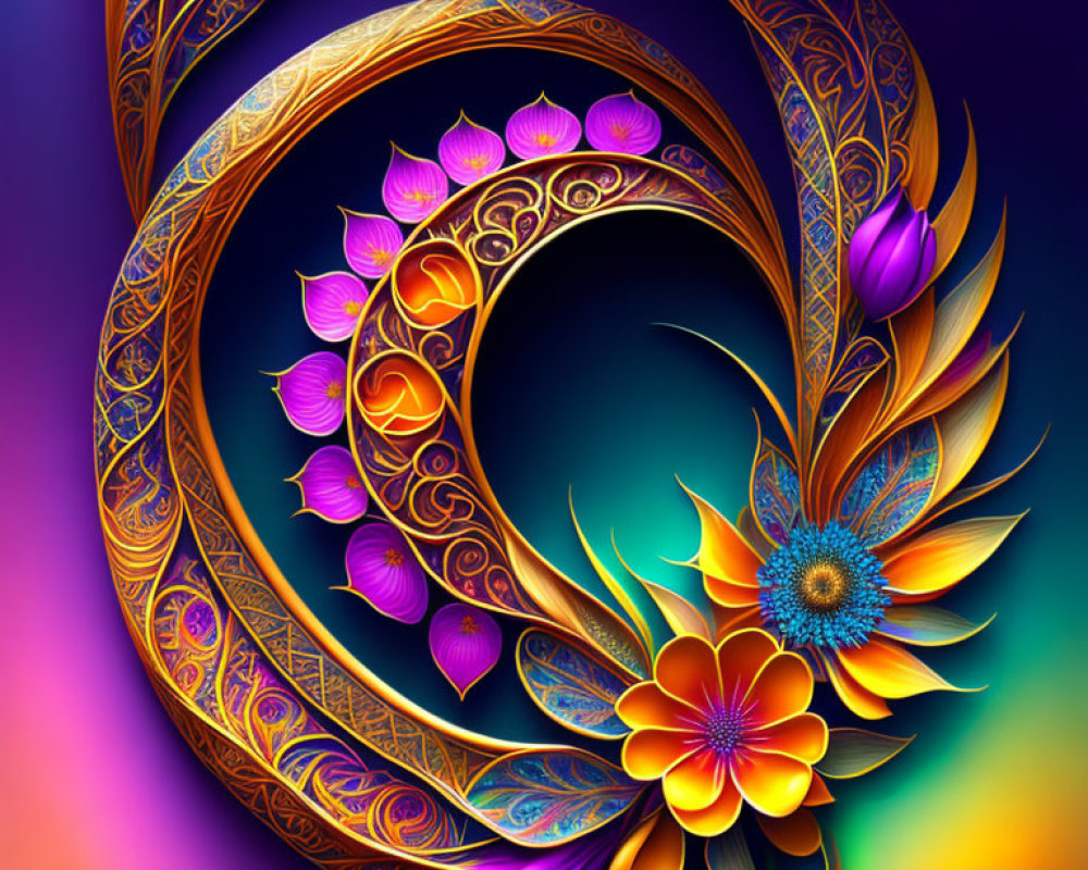Colorful digital art: swirling golden pattern, ornate details, purple and orange flowers on radiant mult