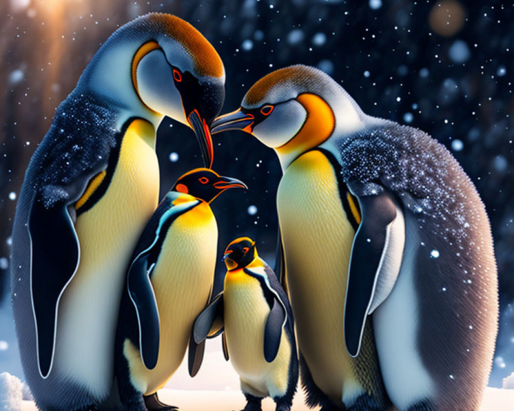 Family of Four Penguins Huddled in Snowy Night