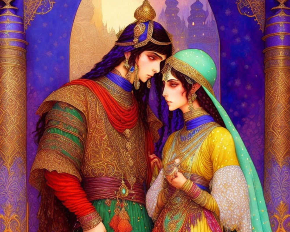 Illustrated couple in traditional Middle Eastern attire with intricate architectural backdrop