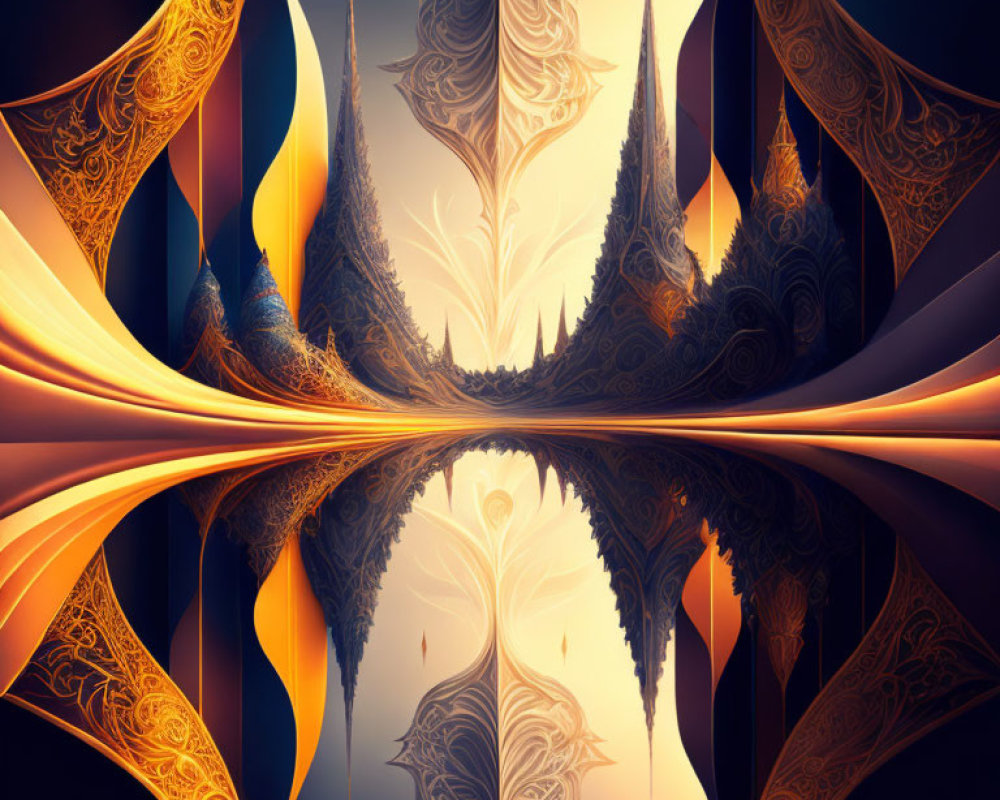 Symmetrical fractal art with golden spires and curves on warm background