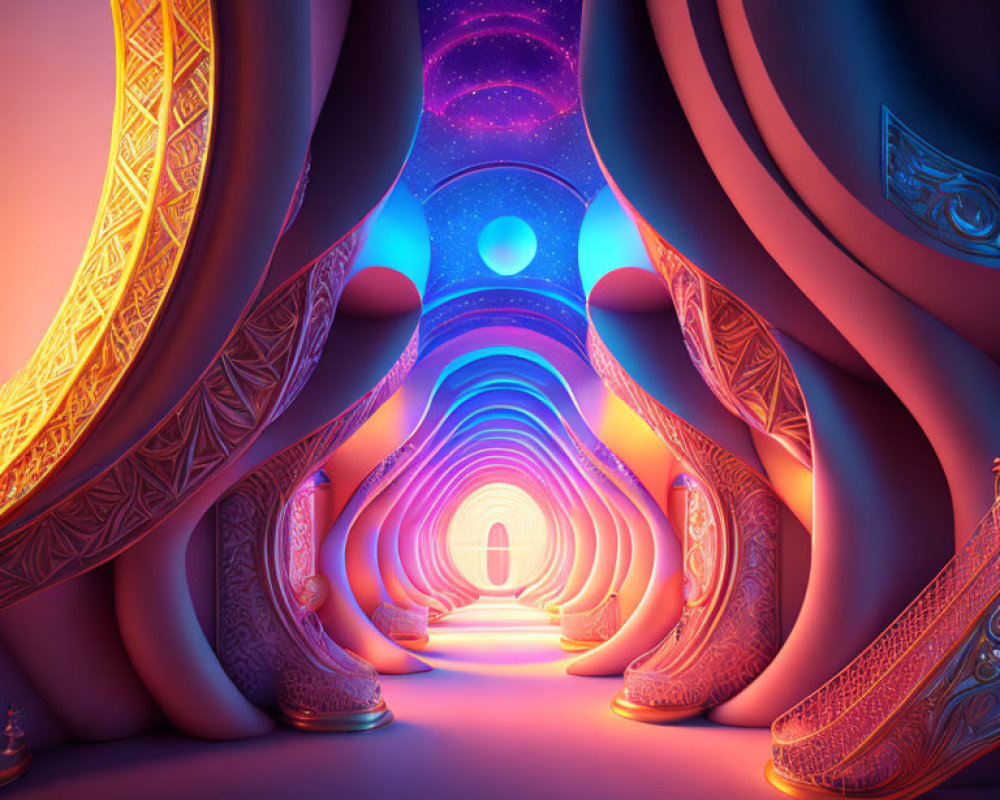 Vibrant digital art tunnel with cosmic sky and bright doorway
