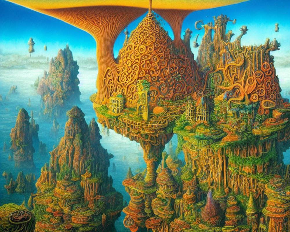 Fantastical landscape with floating islands and intricate tree-like structures
