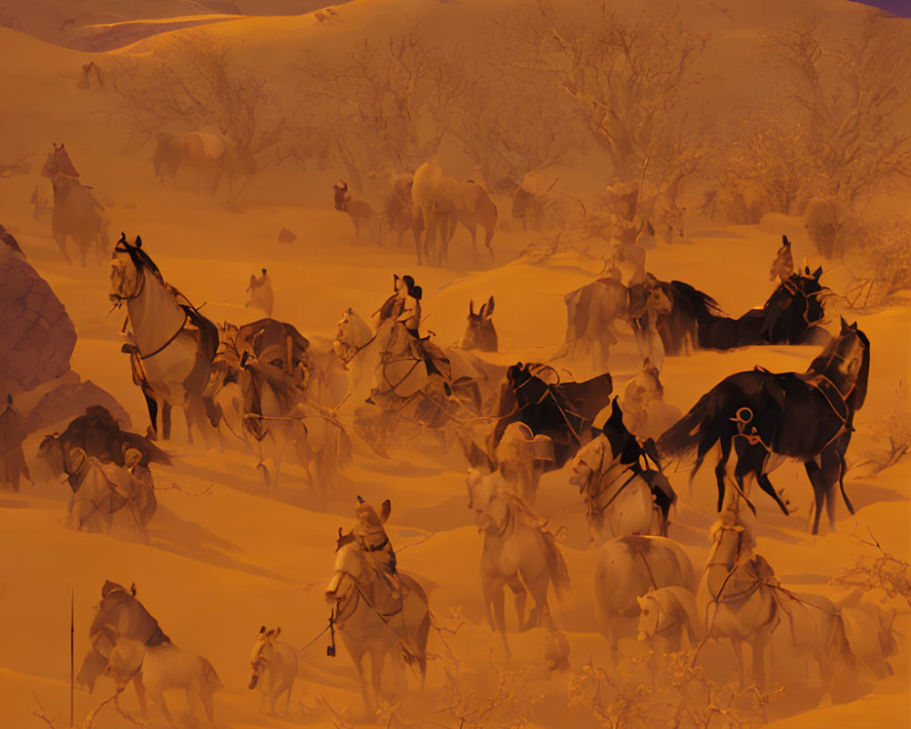 Stylized desert night scene with caravan of horses and riders