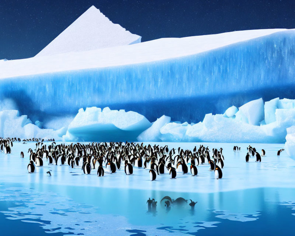 Colony of Penguins on Ice with Icebergs and Blue Sky