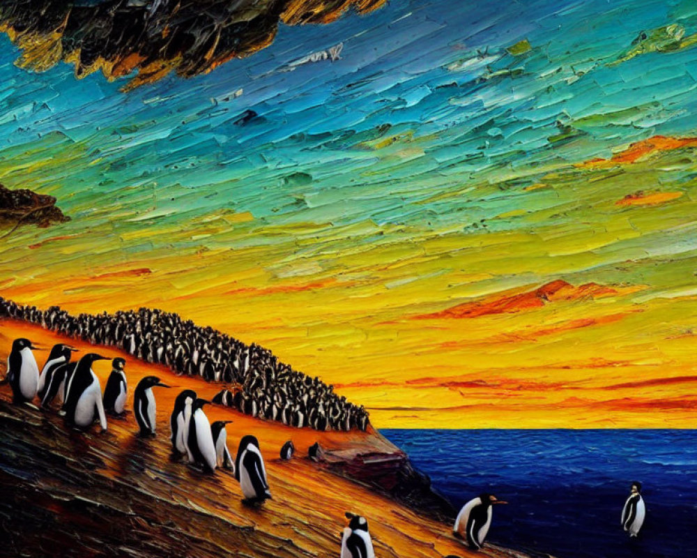 Colorful Penguin Sunset Painting with Dynamic Brush Strokes