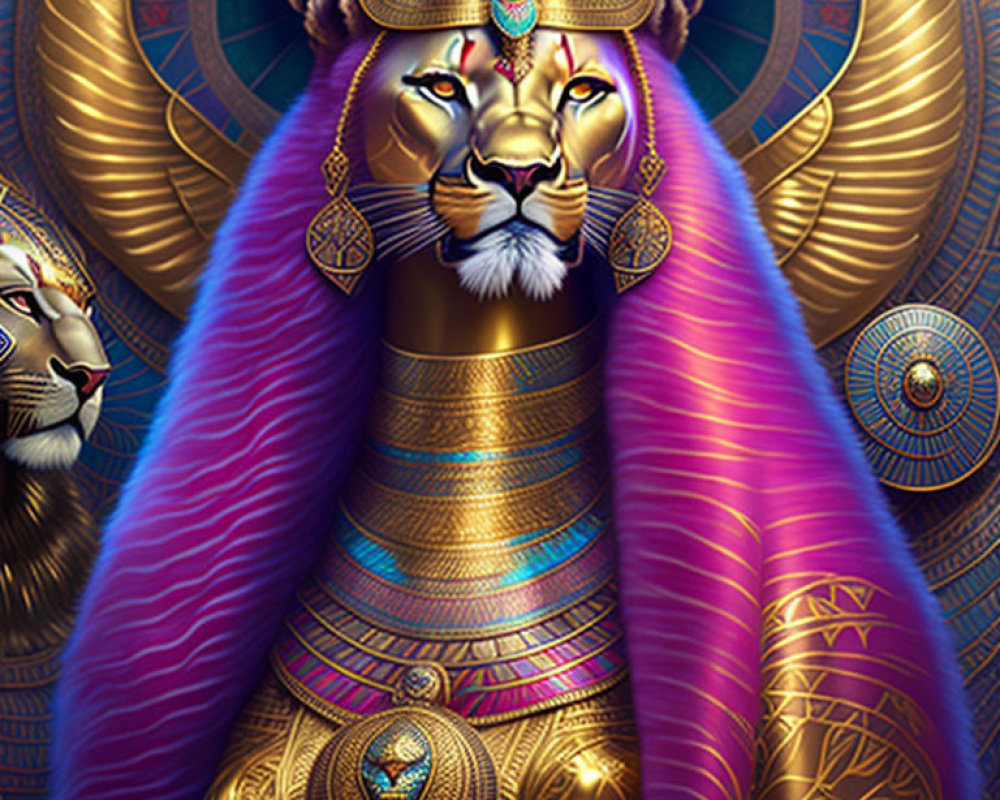 Anthropomorphic lion in regal Egyptian attire on blue background with hieroglyphics