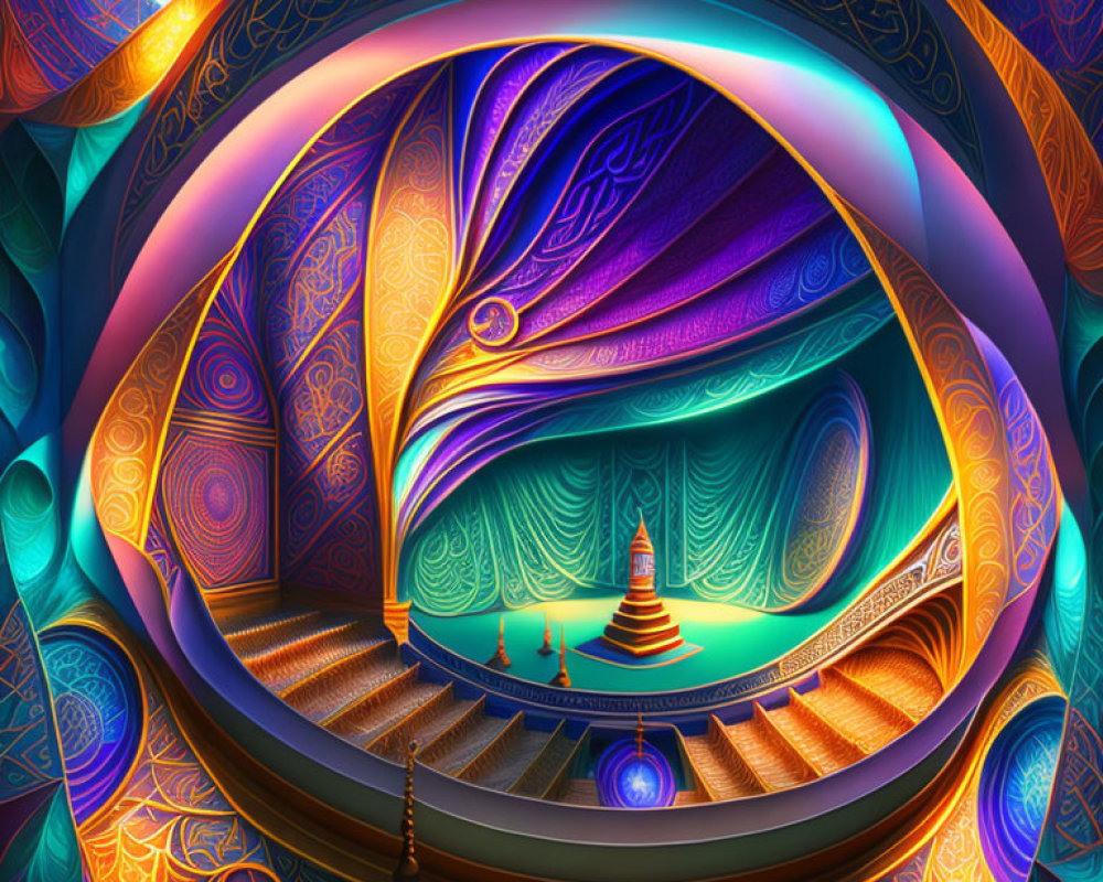 Colorful fractal landscape with staircase and stupa-like structure