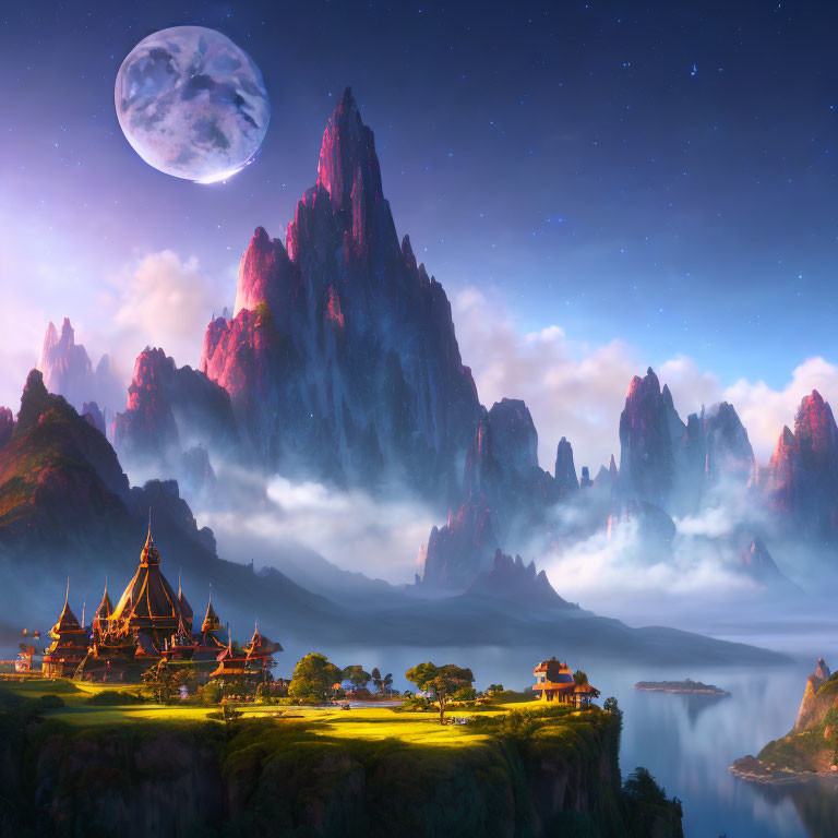 Ethereal Twilight Landscape with Moon, Castles, Peaks, and Lake