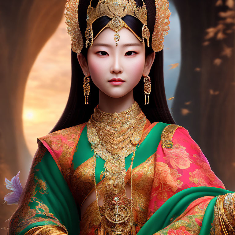 Digital artwork of woman in traditional Asian royal attire with gold jewelry, headpiece, and vibrant robe.