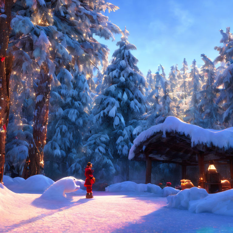 Snow-covered trees, figure in red outfit, and wooden shelter in wintry sunrise or sunset.