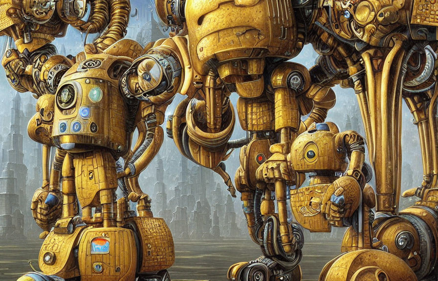 Futuristic stylized humanoid robots in a group portrait