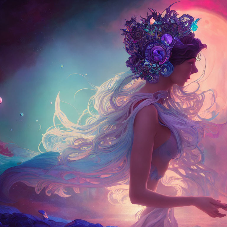 Woman with Long Flowing Hair and Floral Crown in Celestial Background