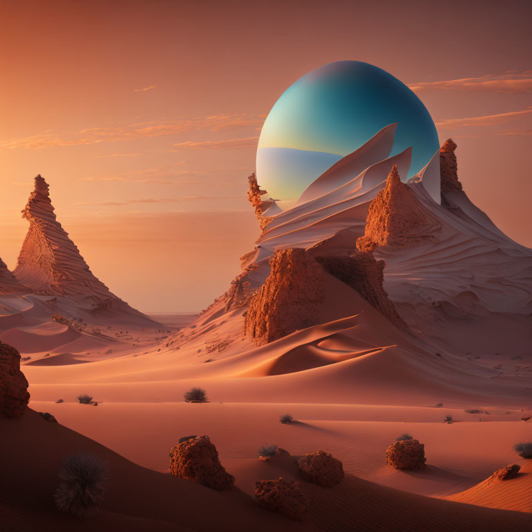 Surreal desert landscape with sand dunes, rock formations, and reflective orb.