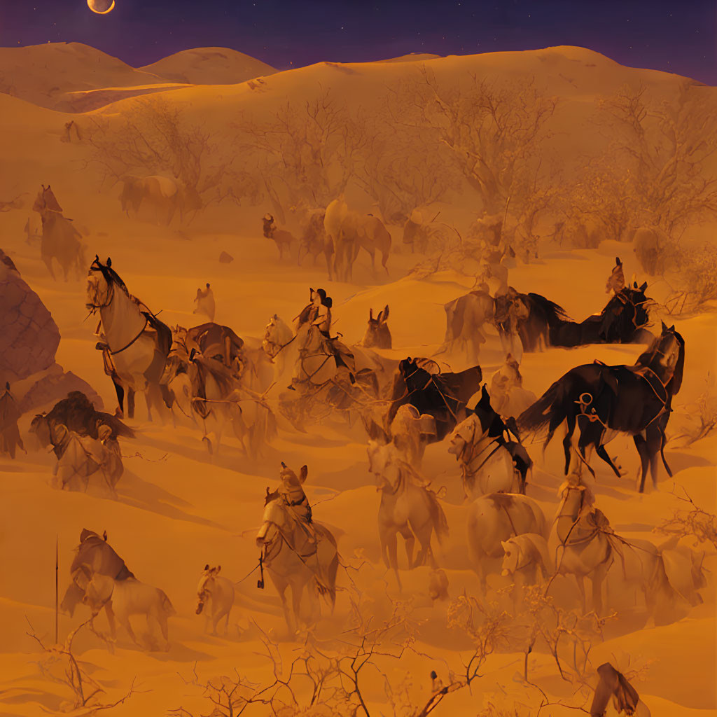 Stylized desert night scene with caravan of horses and riders