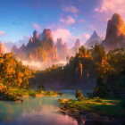 Sunlit misty mountains and autumn trees by calm lake at dawn or dusk