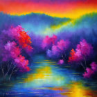 Colorful Forest Painting with Pink and Purple Trees Reflecting in Blue Water