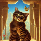 Whimsical painting of striped cat in decorated room
