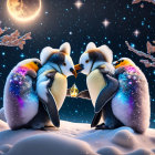 Family of Four Penguins Huddled in Snowy Night
