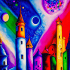 Colorful artwork: Woman's profile merges with whimsical, multi-colored towers & celestial elements