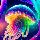 Neon-colored jellyfish with glowing tentacles in deep-sea environment