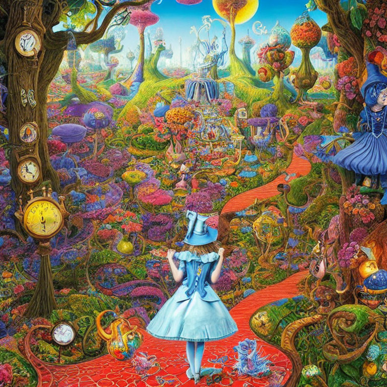 Fantastical landscape with Alice in Wonderland theme and colorful castle