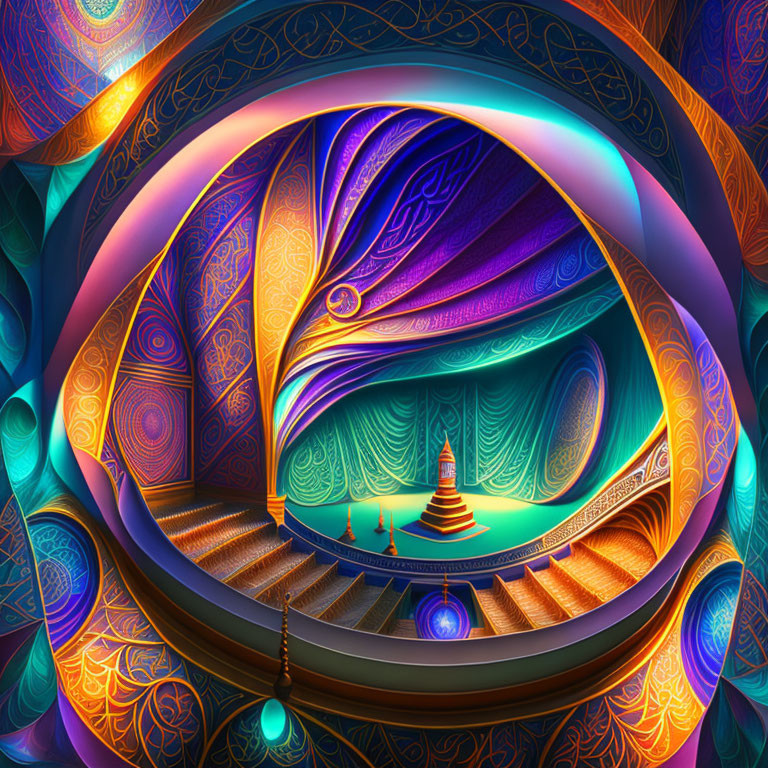 Colorful fractal landscape with staircase and stupa-like structure