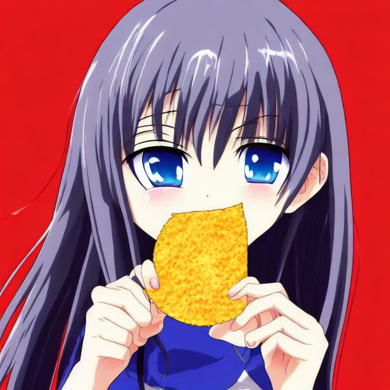 Blue-Eyed Anime Girl Eating Cookie on Red Background
