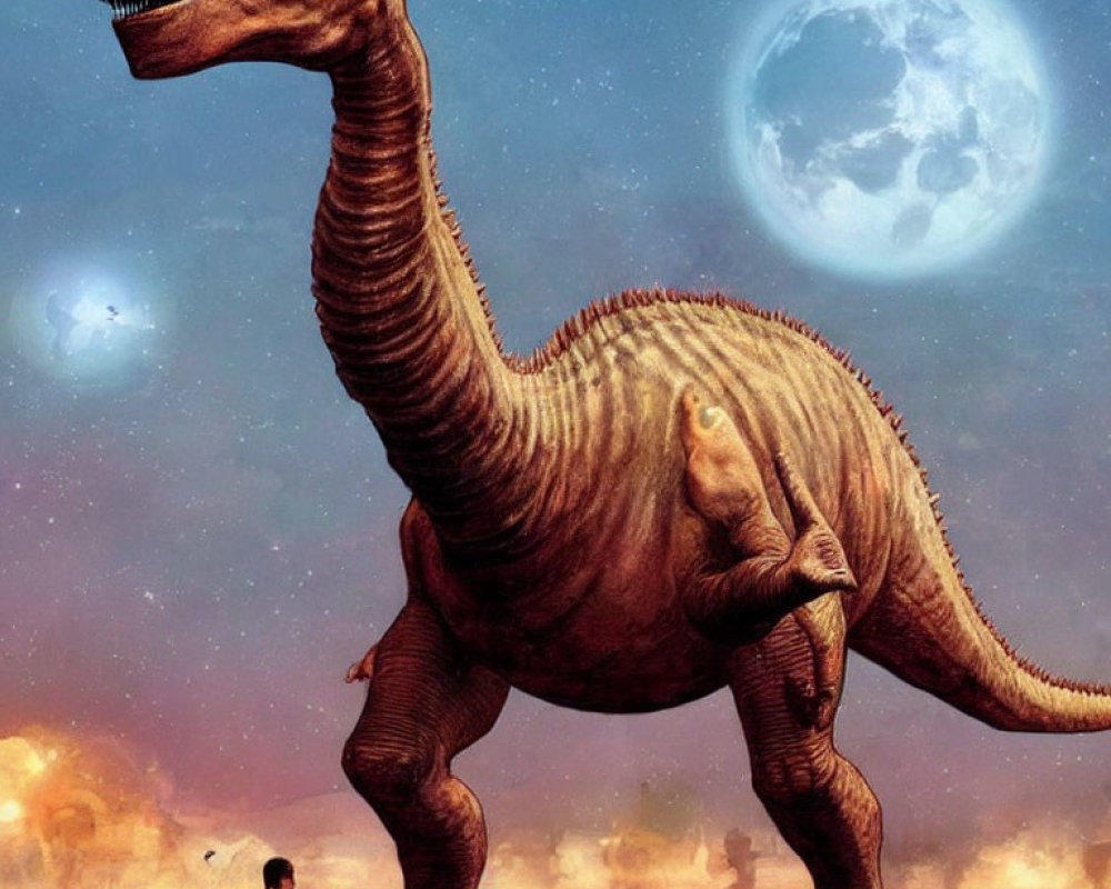 Massive dinosaur with long neck under moon and stars