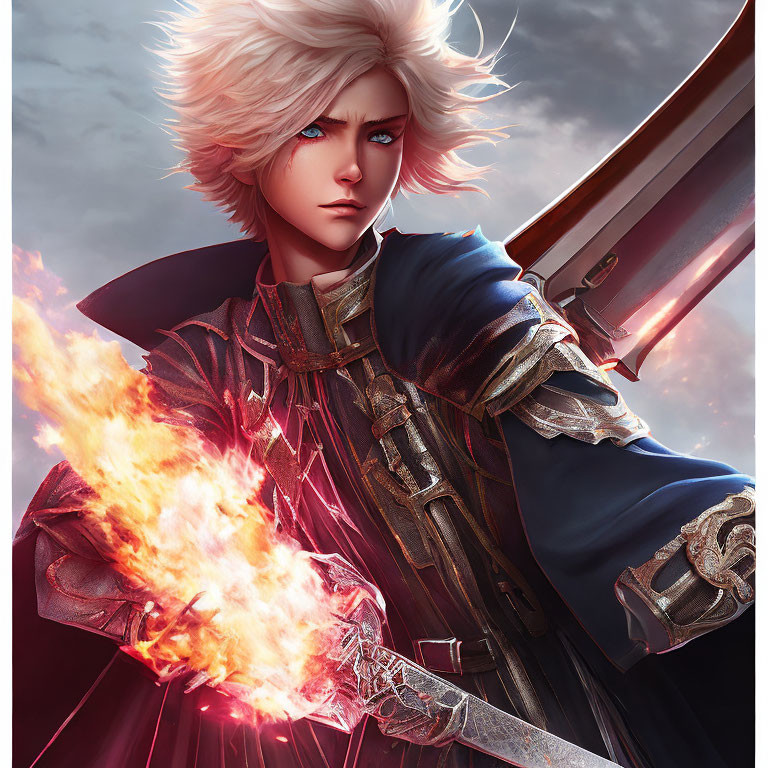 Illustrated character with spiky white hair and flaming sword in red and blue armor under dramatic sky