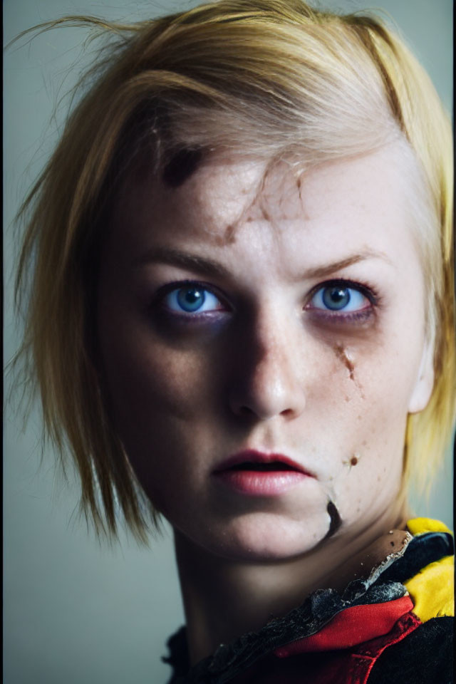 Blonde Woman with Striking Blue Eyes and Distressed Look