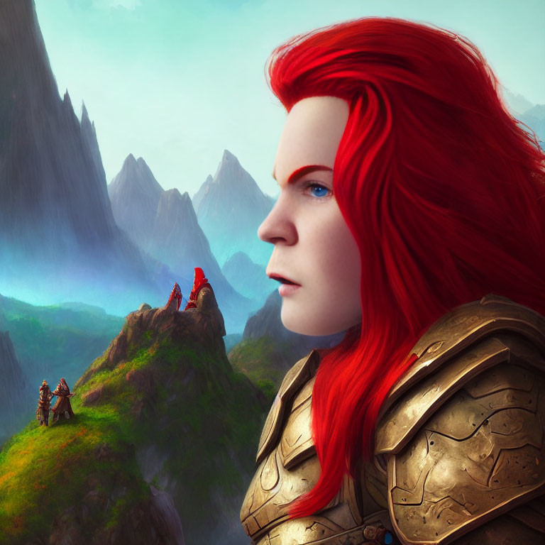 Red-Haired Female Warrior in Golden Armor Artwork with Dragons on Mountain Landscape