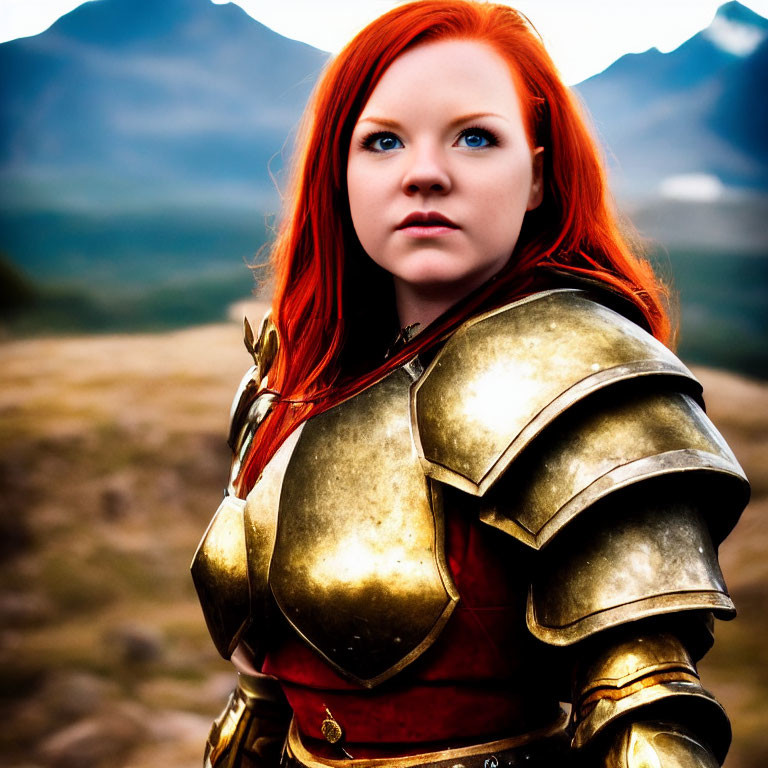 Red-haired woman in medieval armor poses outdoors with mountainous backdrop