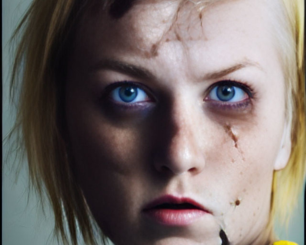 Blonde Woman with Striking Blue Eyes and Distressed Look