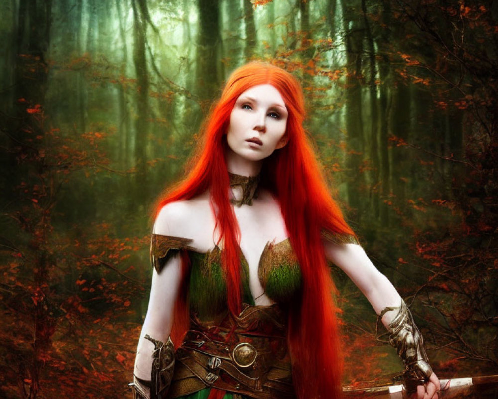 Fiery Red-Haired Woman in Green Fantasy Costume with Sword in Mystical Autumn Forest