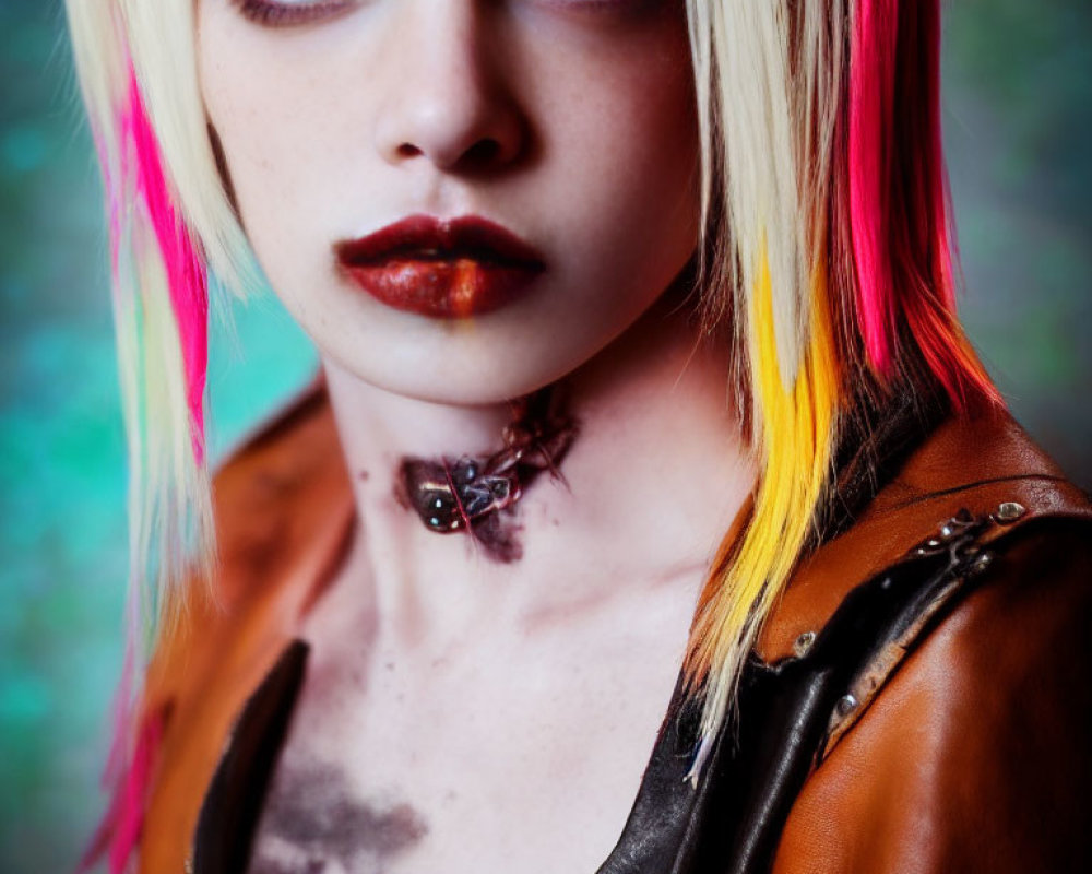 Vibrant portrait featuring striking makeup, multicolored hair, and spider-themed necklace