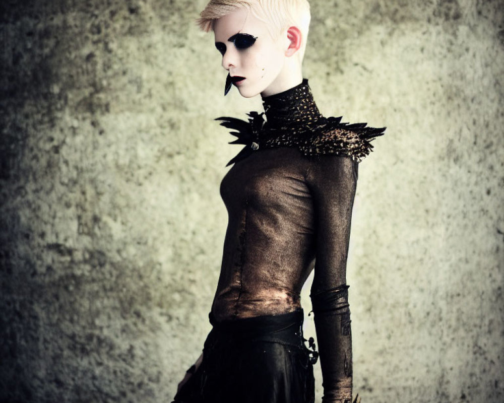 Punk style person with short platinum blonde haircut and dark lipstick