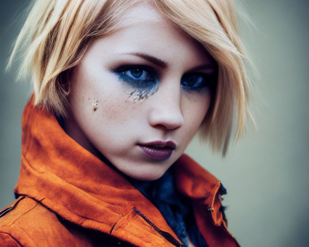 Blonde person with glitter makeup in orange jacket gazes at camera