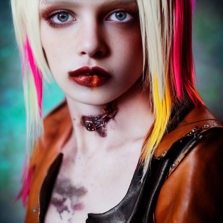 Vibrant portrait featuring striking makeup, multicolored hair, and spider-themed necklace