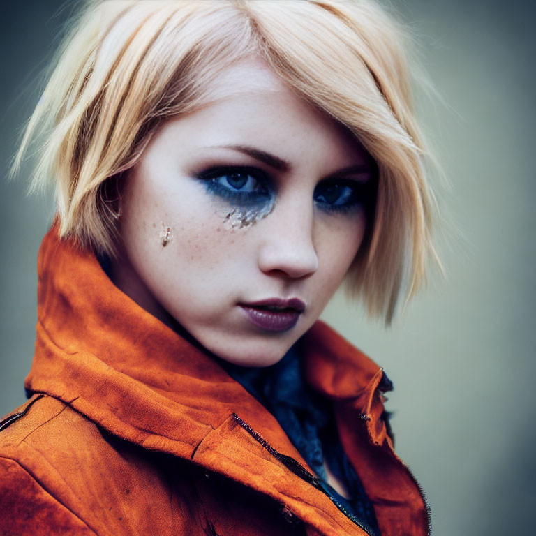 Blonde person with glitter makeup in orange jacket gazes at camera