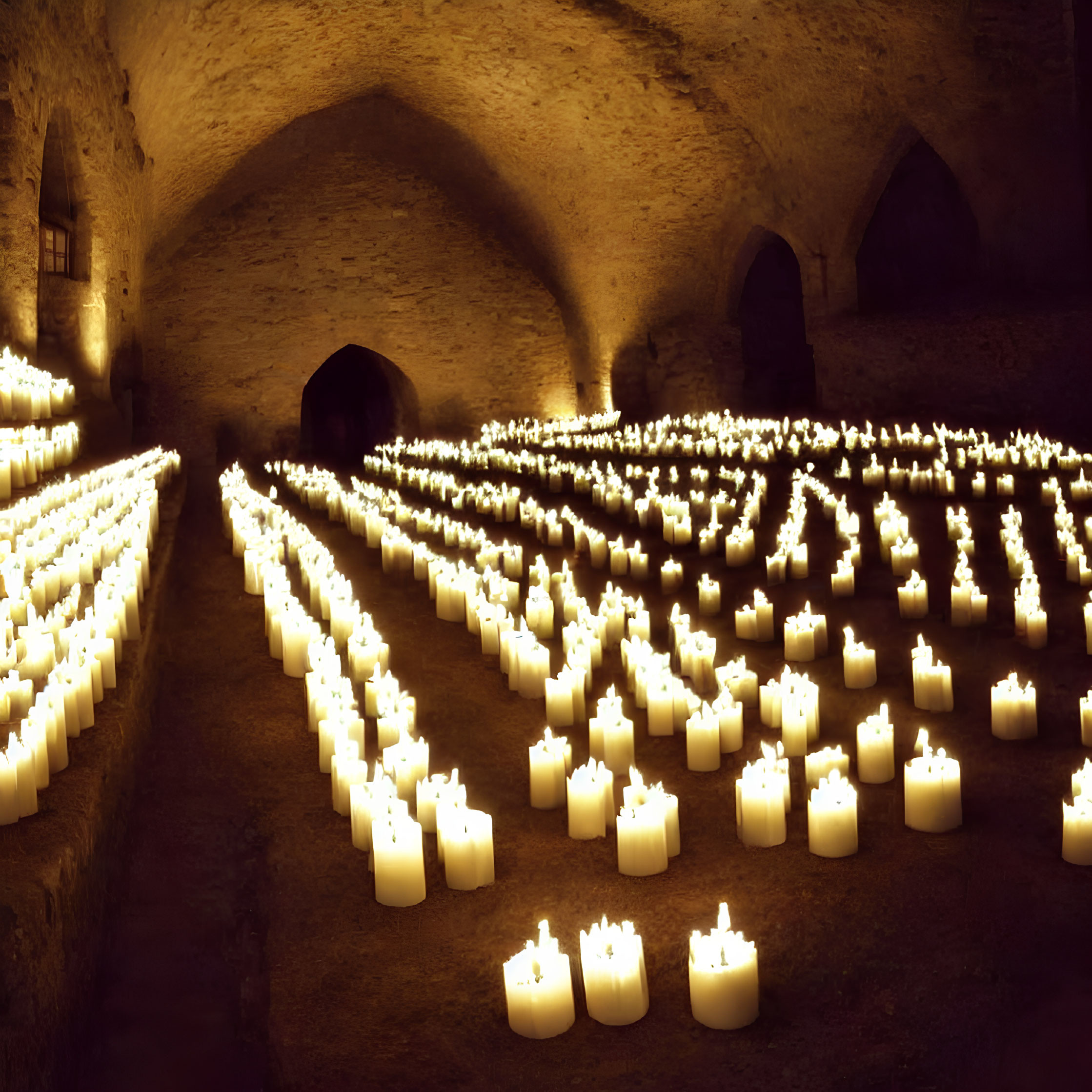 Numerous Candles Illuminate Stone Underground Room