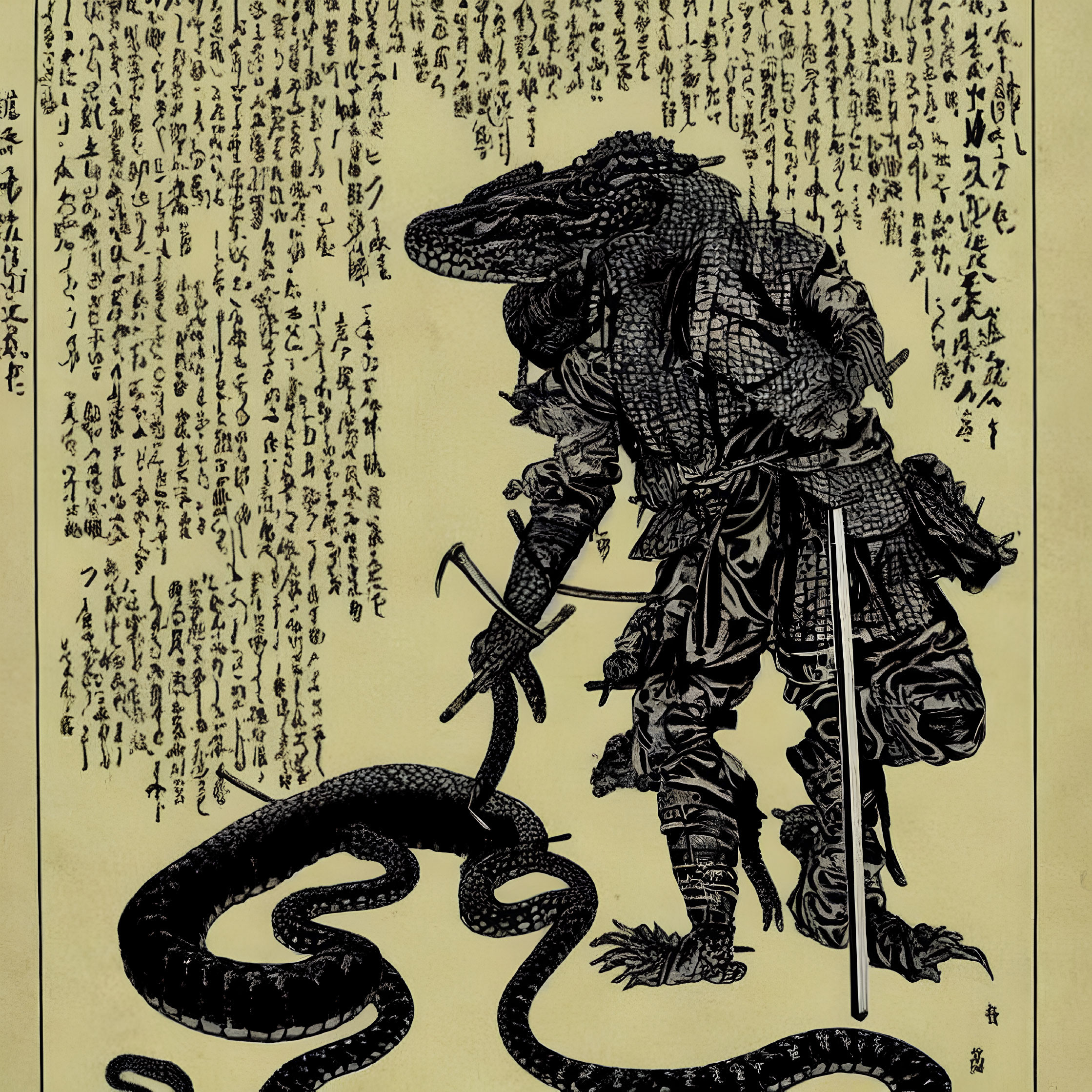 Japanese woodblock print: Samurai with crocodile head battles snake, kanji text in background